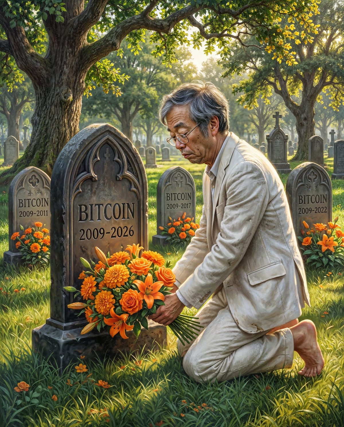 Beeple painting: a Satoshi-like mourner kneels to lay orange flowers at a headstone reading 'BITCOIN 2009–2026', surrounded by older graves marking Bitcoin's previous declared deaths (2009–2011, 2009–2017, 2009–2022).