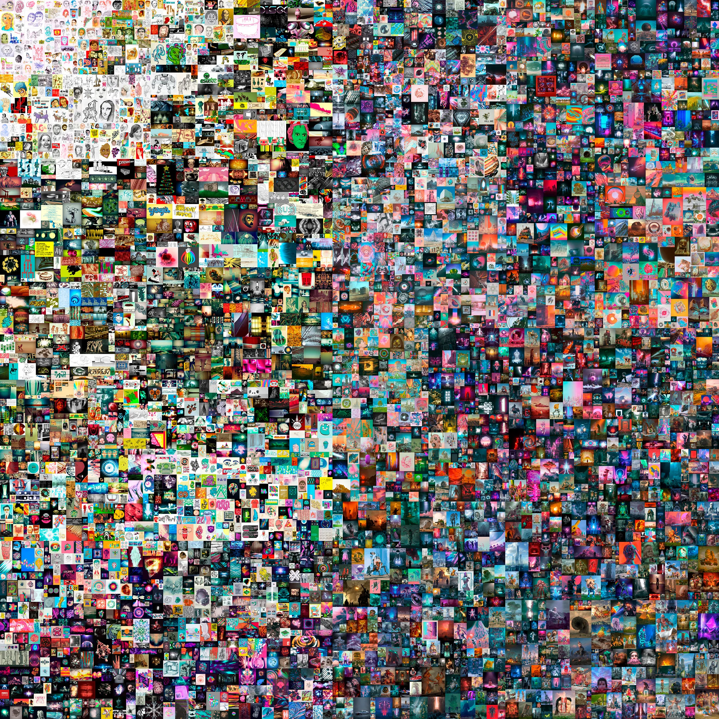Beeple's "Everydays: The First 5000 Days" — a grid collage of 5,000 individual digital artworks created one per day over more than thirteen years.