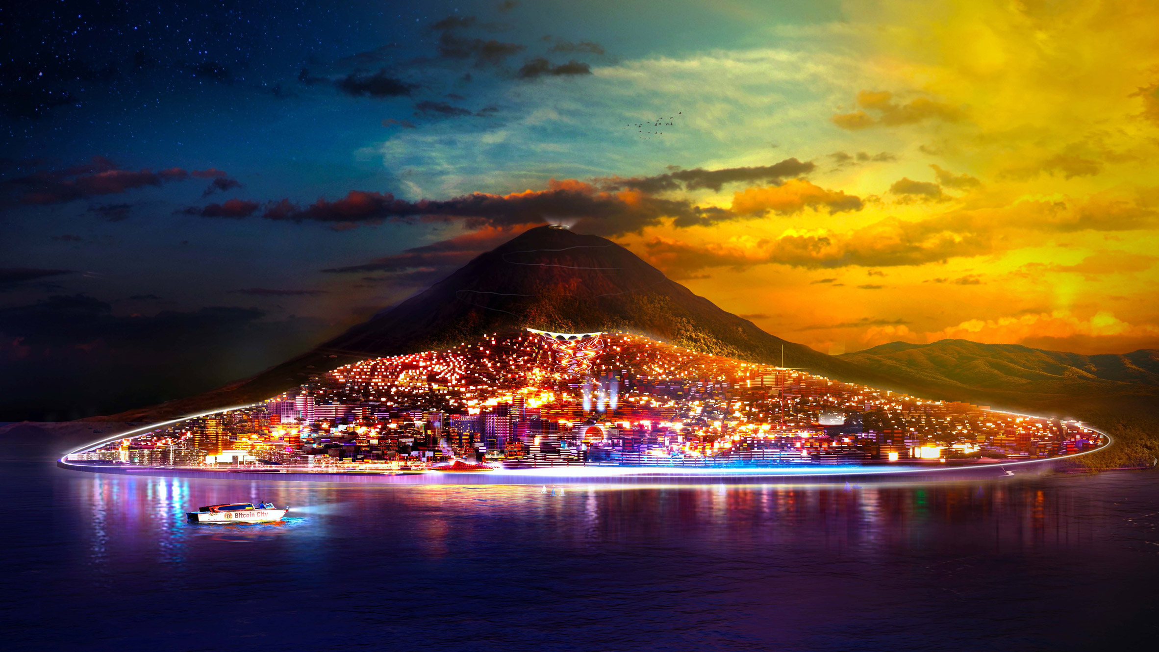 Architectural render of El Salvador's planned 'Bitcoin City' — a circular, coin-shaped tax-free metropolis near the Conchagua volcano, with President Nayib Bukele.