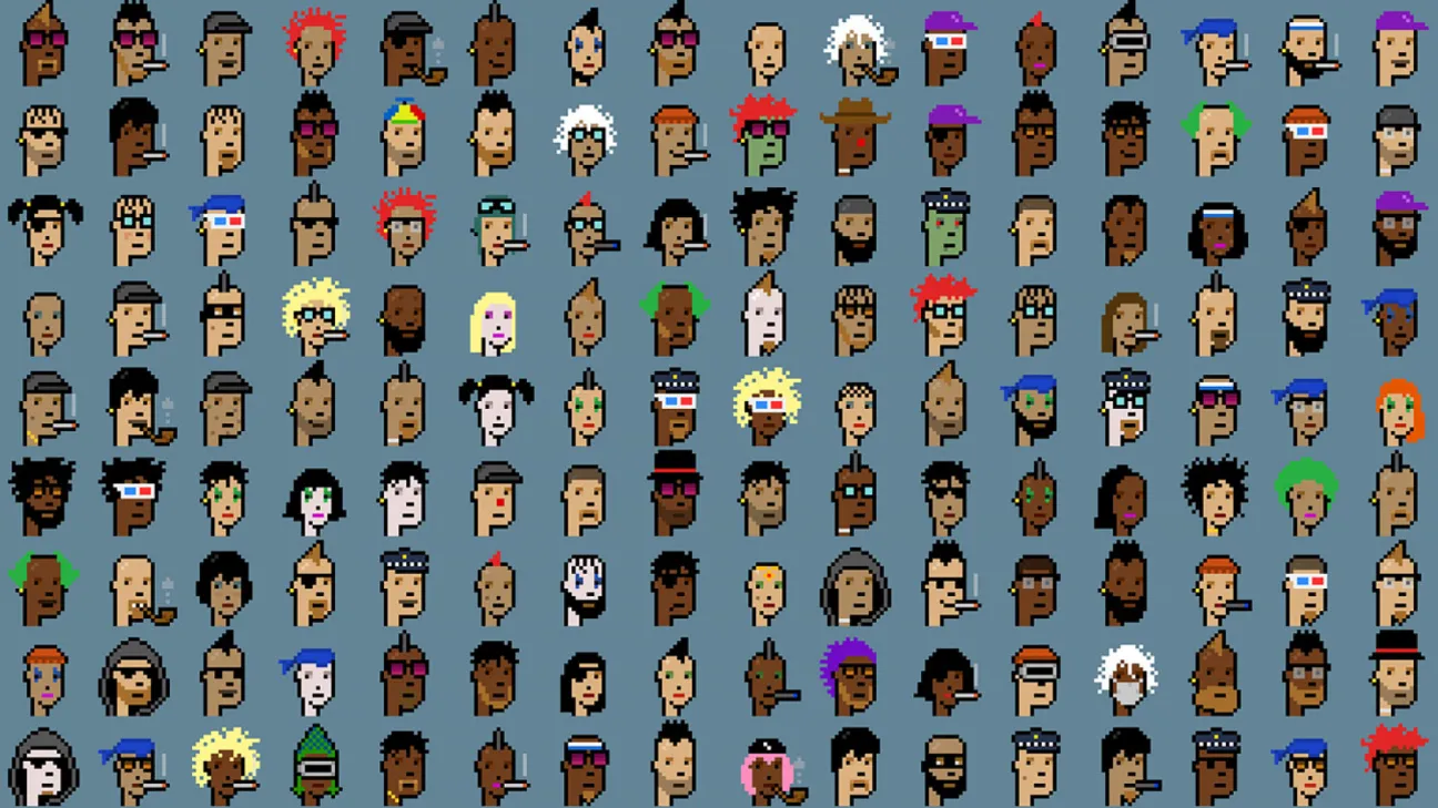 A grid of CryptoPunks — the 10,000 algorithmically generated 24×24 pixel-art avatars that became the archetypal blue-chip NFT collection.